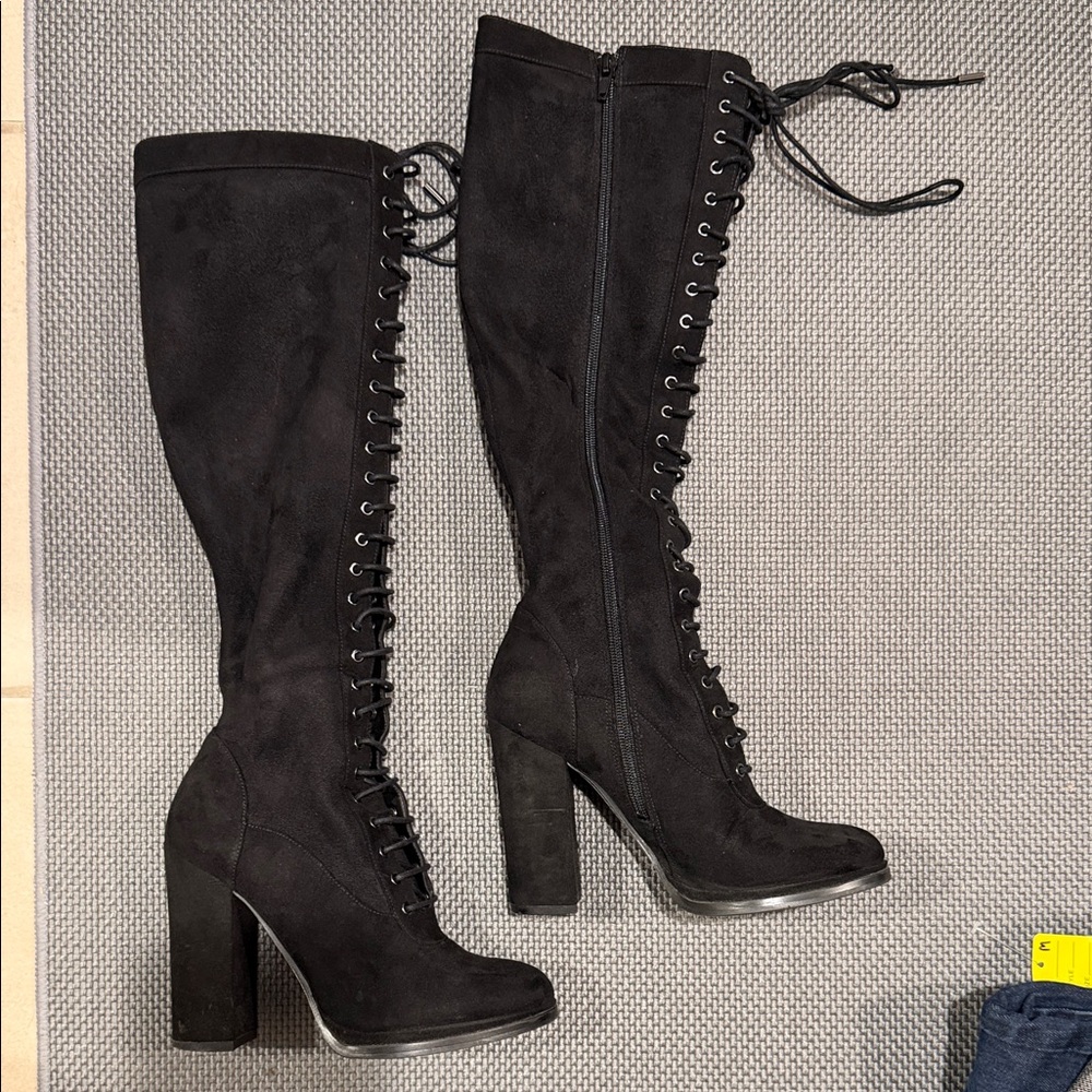 Guess Black Lace-Up Over-the-Knee Block Heel Boots